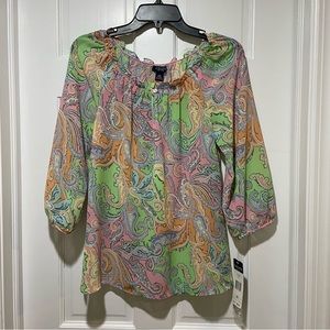 Chaps Boho Paisley Print Blouse with Elastic Ruffle Neckline
